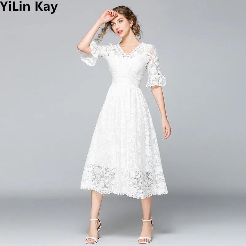 

YiLin Kay High Quality Luxury Runway white Lace Hollow Dress Women's Sexy V-neck Lace Long Dress vestidos