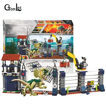 

10923 307pcs Jurassic Worlds The Dilophosaurus Front Gate Attack Figure Blocks Compatible with Building Bricks Children DIY Toys