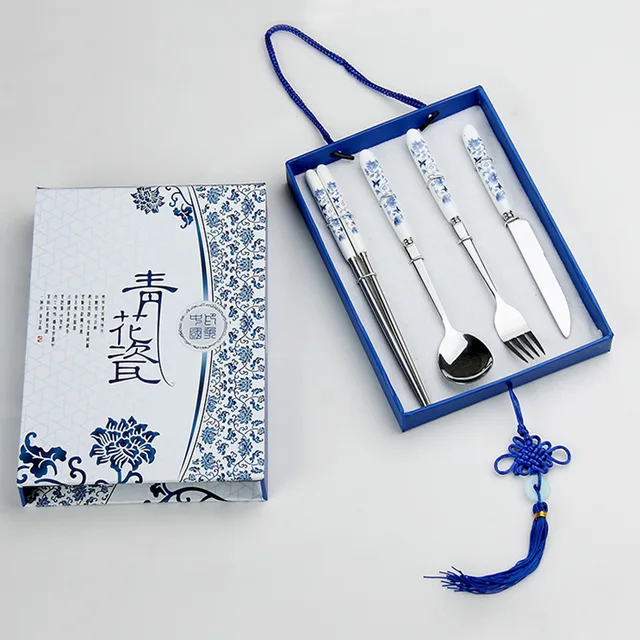 Chinese Style Dinnerware Blue and White Porcelain Stainless Steel