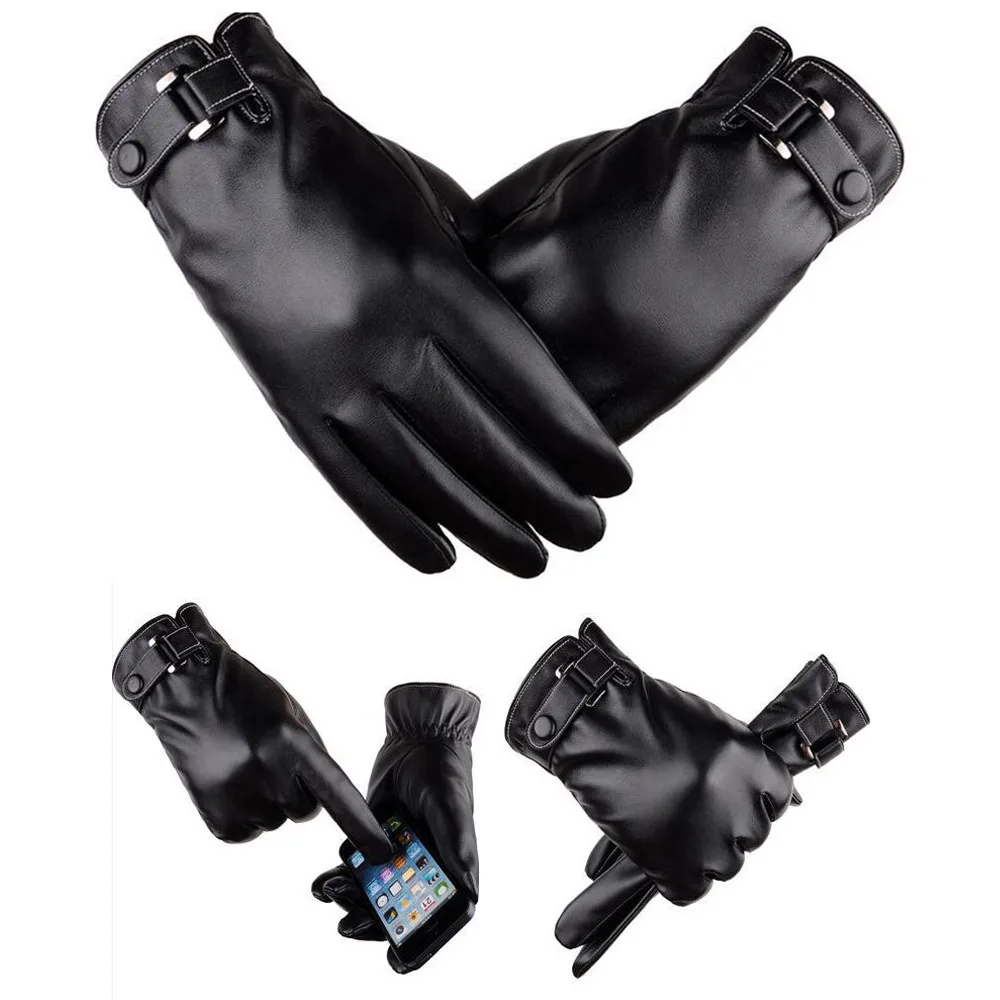 1 Pair Men Leather Winter Gloves Windproof Waterproof Bicycle Leather Gloves Slip Plus Velvet Thickening Gloves handschoenen