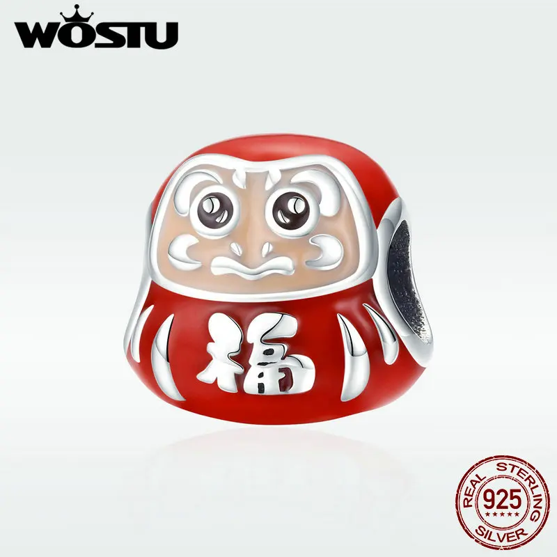 

WOSTU Real 925 Sterling Silver Red Beads Japan Dharma Tumbler Mascot Charms Fit Bracelet Pendant For Women Party Jewelry DXC1087