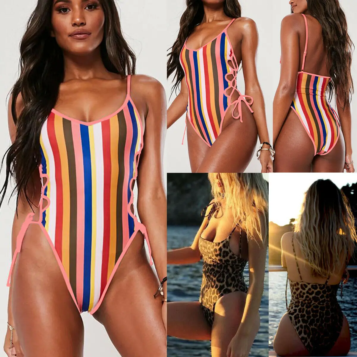 

2019 Sexy Women One Piece Bra Swimsuit Bandage Leopard Swimwear Push-Up Padded Monokini Color Stripe Bathing Swimsuits Beachwear