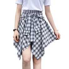 WKOUD, яркие цвета, летние юбки для женщин, колледж, плед, печатные асимметричные юбки, Студенческая поддельная рубашка, мини-юбка DK6029