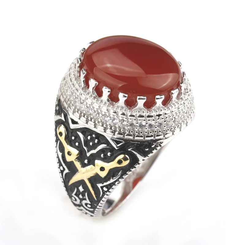 Женское кольцо с крупным красным агатом и двойным мечом|stone silver rings|stone men ringsstone ring |