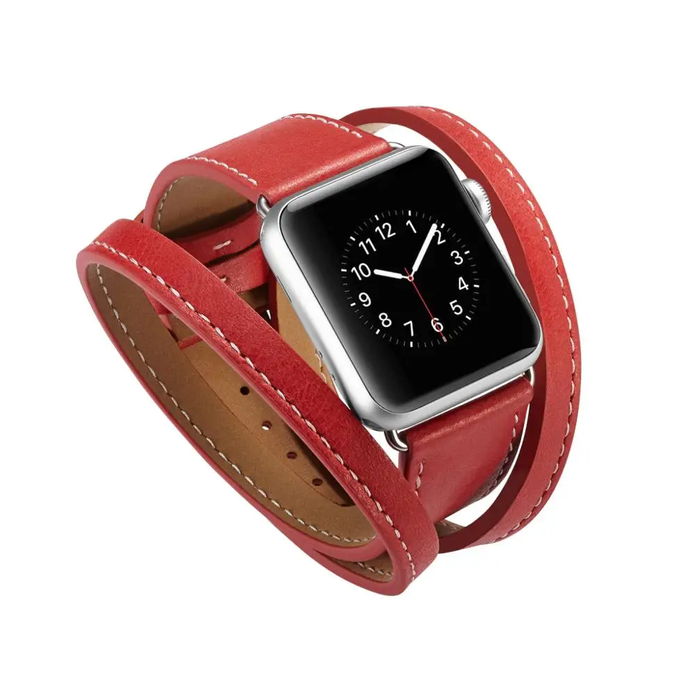 Длинный кожаный ремешок для Apple Watch Series5 4 3 2 38 мм 42 мм 44 мм 40 мм двойной тур Браслет Кожаный ремешок для Iwatch Smart Watch - Цвет ремешка: Красный