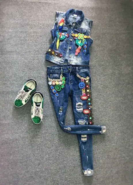 Cheap Tide brand original design 2016 autumn new chain smiling face nail bead badge hole casual jeans female tide pencil jeans