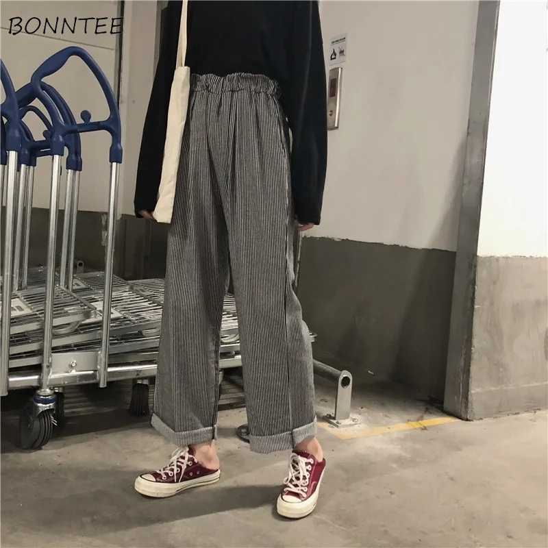 

Pants Women Retro Striped Elastic Waist Loose Leisure Student Simple Korean Ulzzang Cotton Soft Elegant Womens Wide Leg Trousers