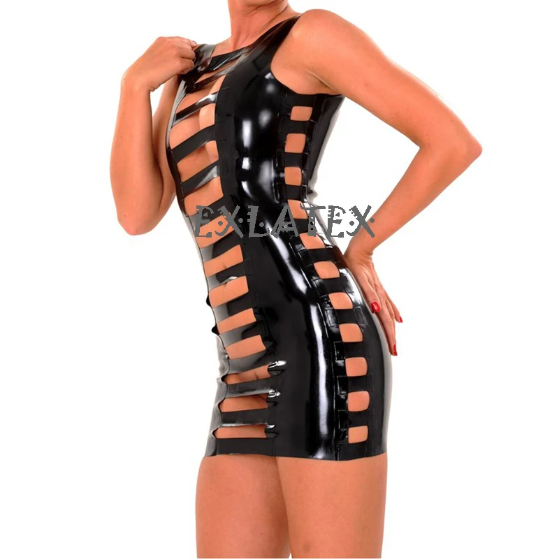

Latex Dress Women Striped dress Gothic Rubber Latex Black Mini Dress with Front and Sides Hollow Out Sexy Dress