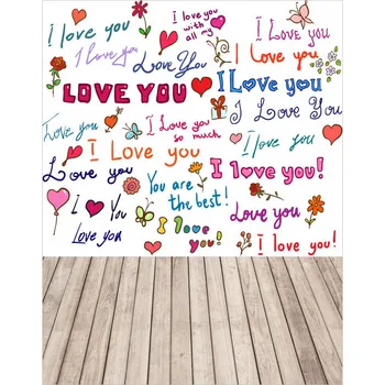

TR I Love You Graffiti Wall Wooden Floor Wedding Children Vinyl Background For Photo Studio Props Baby Backdrops for Photography
