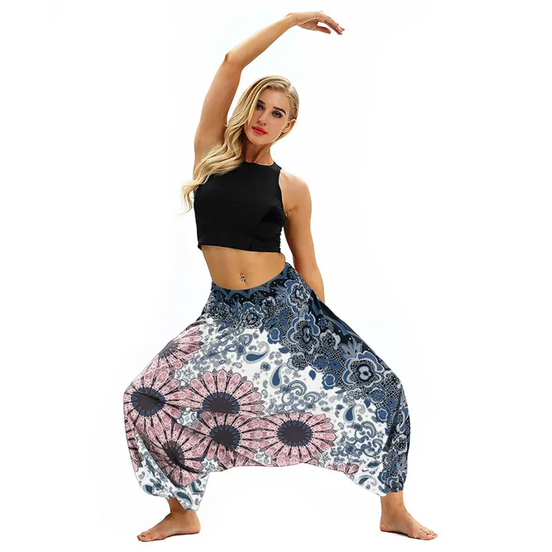 Для женщин Boho дамские шаровары свободные негабаритных смешанный хлопок уличная хип хоп леггинсы для танцев этническим принтом хиппи брюки