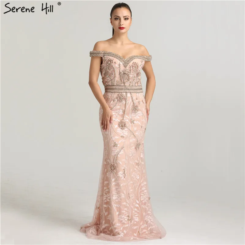 

Off Shoulder Sexy Tulle Mermaid Evening Dress Sleeveless Fashion Beading Pearls Luxury Evening Gowns 2019 Serene Hill LA6423