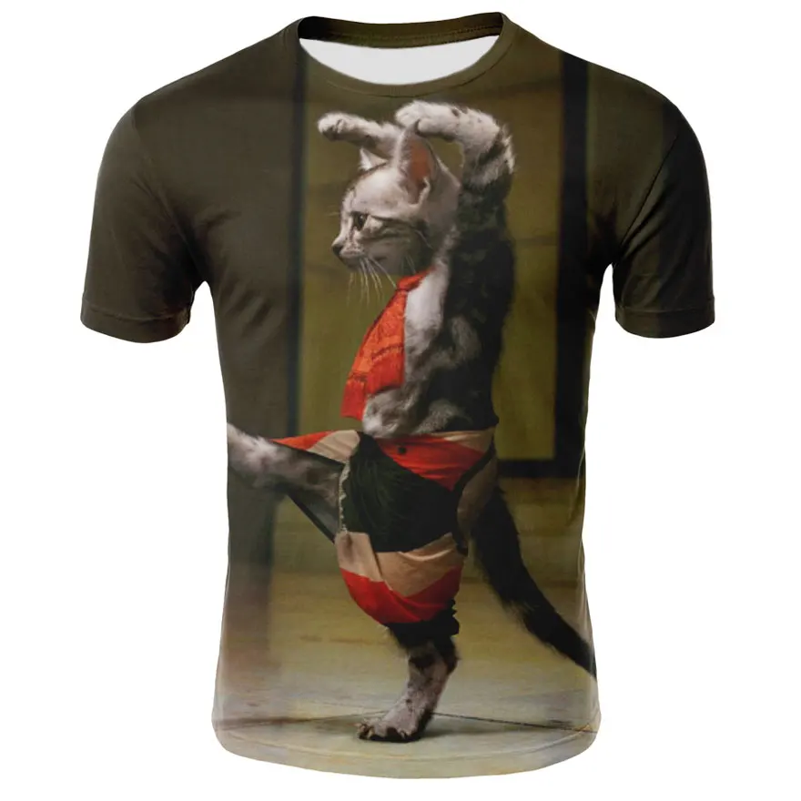 

2019 3D Print T-shirts Men Cute Cat Kung Fu Cat Kitten Grey Full Short Sleeves
