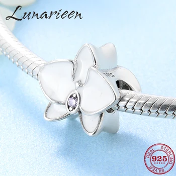 

Real white Moth orchid DIY beads pink CZ 925 Sterling Silver accessories for jewelry making Fit Original europeu Charm Bracelet