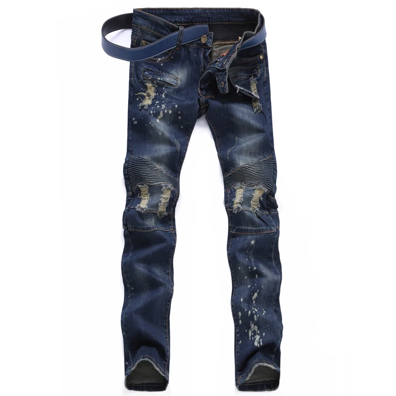 

TR Men's holes ripped biker jeans for moto Casual painted slim skinny straight blue stretch denim pants Long trousers