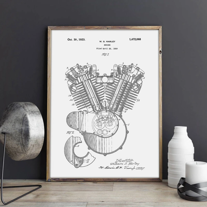 Двигатель мотоцикла 1919 патент Blueprint плакат печать наука стены искусства холст