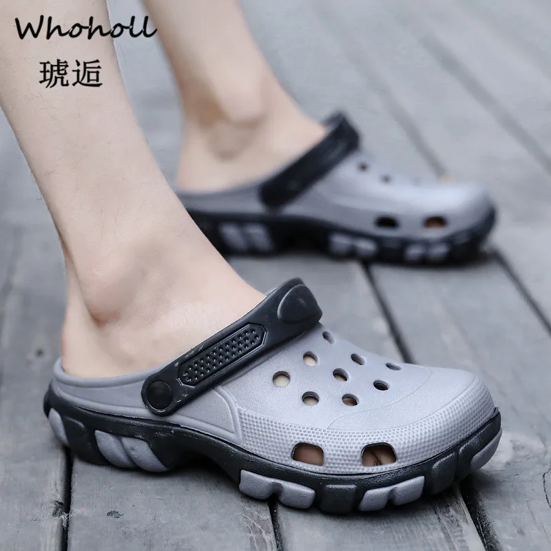 Whoholl 2019 Men Sandals Summer Slippers Shoes Croc Fashion Beach Sandals Casual Flat Slip on Flip Flops Men Hollow Shoes