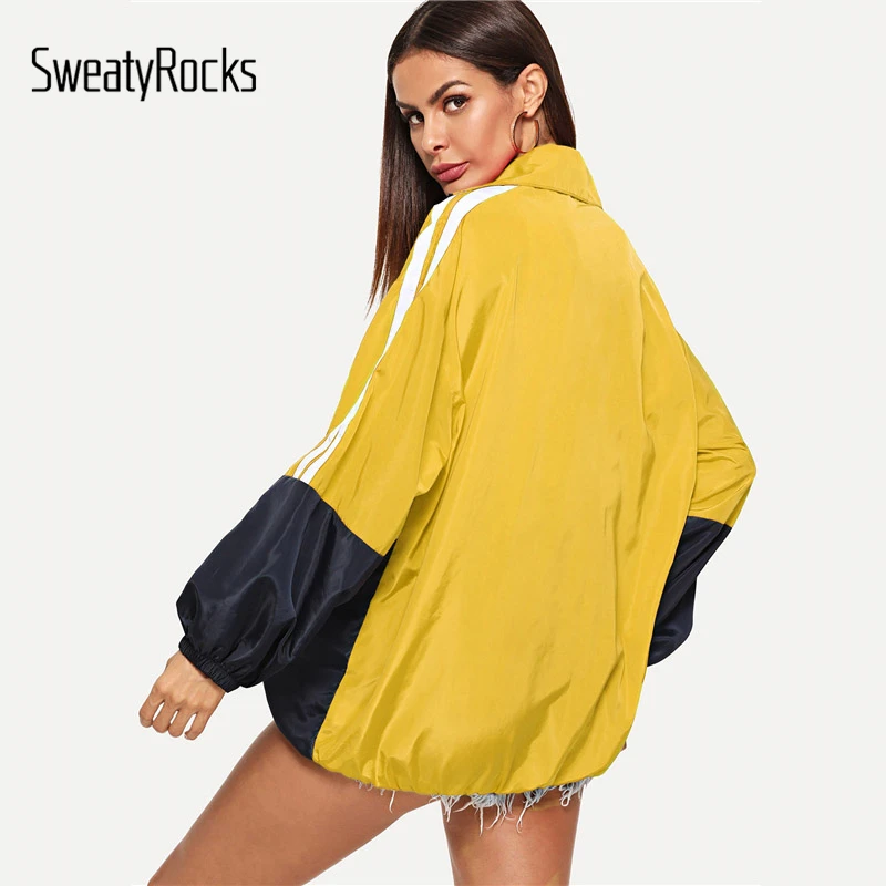Best SweatyRocks Casual Zip Up Color Block Letter Print Jacket Long Sleeve Active Wear Jackets 2018 Autu