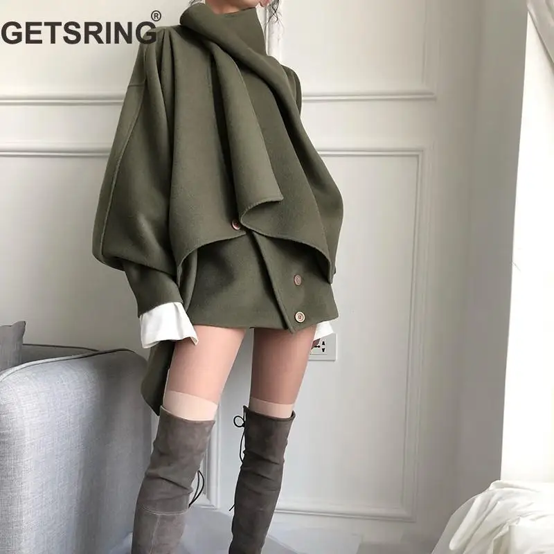 

GETSRING Womens Wool Coats Handmade Double-Faced Woolen Overcoat Long Sleeve Irregular Female Overcoat Multi Wear Loose Cloak