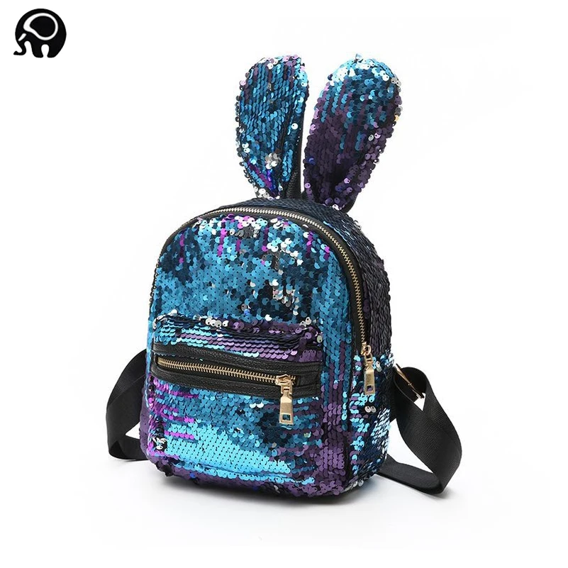 2018Women Bling Sequins Backpack Cute Big Rabbit Ears Double Shoulder