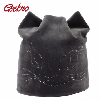 

Geebro 2017 Winter Beanie Hat Ladies Warm Velvet Hats For Women Beanies Hats Cat Rhinestones Beanie With With Ear Flaps GS037
