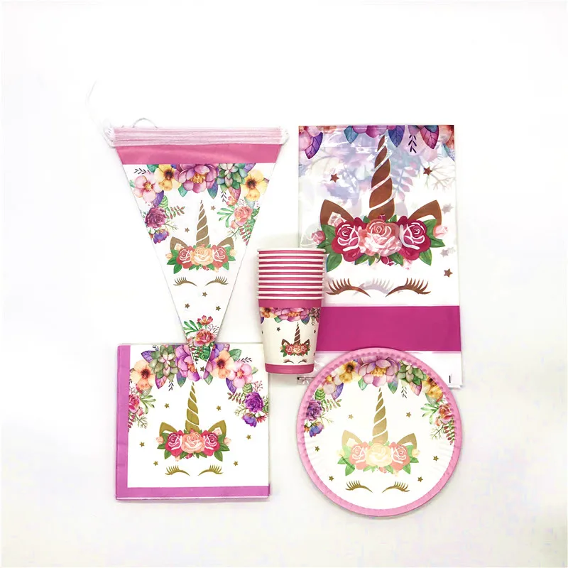 

81pcs Pink Unicorn Theme Girl Birthday Party Wedding Cartoon Paper Cup Plate Banner Napkin Tablecloth Festival Tablecover Supply
