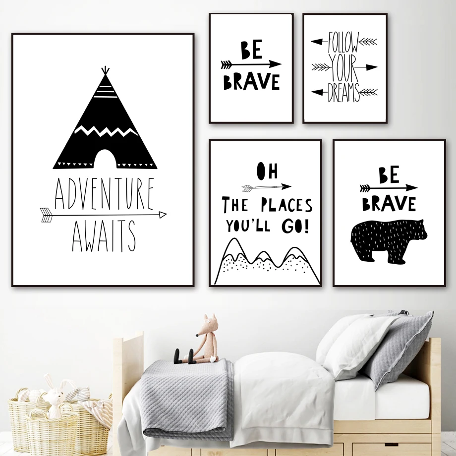3 Black White Geometric Inspiring Quote Be Brave Prints Nursery Room Pictures 