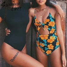 Женский купальник с вырезами размера плюс, купальник с цветочным принтом, бикини, Женский монокини с завязками, сексуальный купальник, цельный XXL