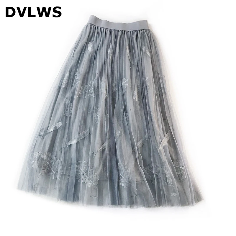 

2019 New Style Women's Skirt Feathers Embroidered High Waist A-line Women's Skirt Fairy Mesh
