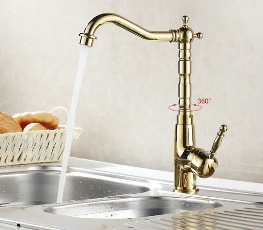 Polished Gold Color Brass Kitchen Faucet Swivel Spout Single Handle Sink Mixer Tap One Hole asf097