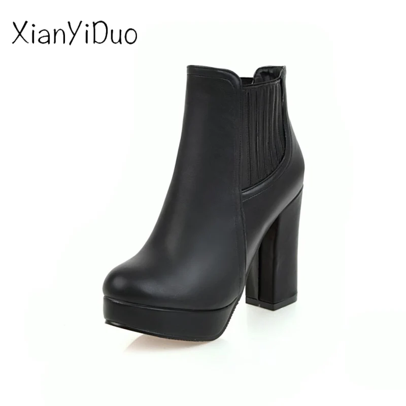 

2018Aut Women's Shoes Ankle Boots Platform Round Toe high Heels Chelsea Elastic band plus size34-47 short plush red wedding/M-18
