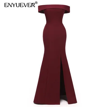 

Enyuever Burgundy Long Formal Dress Women Slim Slit Off Shoulder Vestidos Runway Sheath Bodycon Sexy Black Evening Party Dress