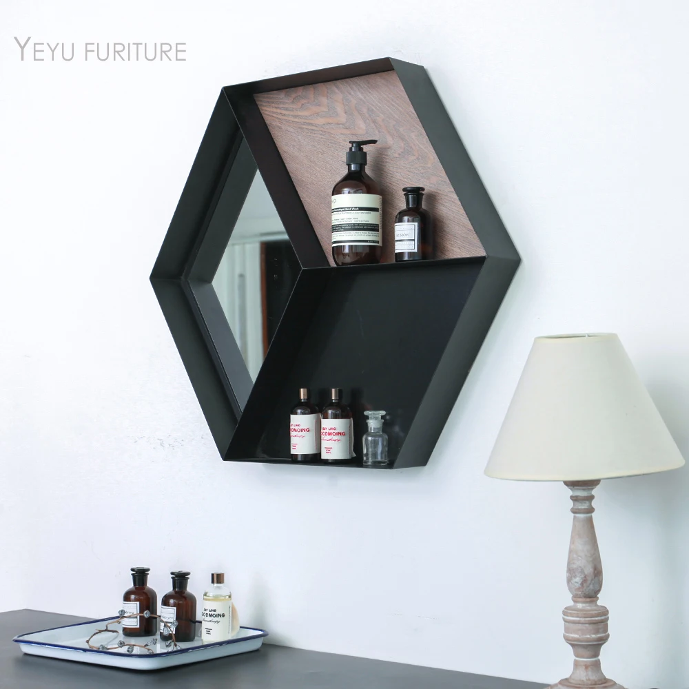 

Modern Design Wall Mounted Loft style metal bathroom mirror organizer decoration with storage, Home Accessory wall decoration