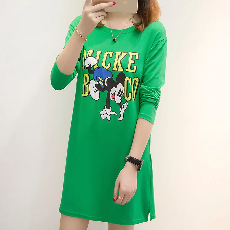 Cotton Printed Women Dress Mickey Mouse Cute Cartoon Long Sleeve Round Neck Plus Size Solid 