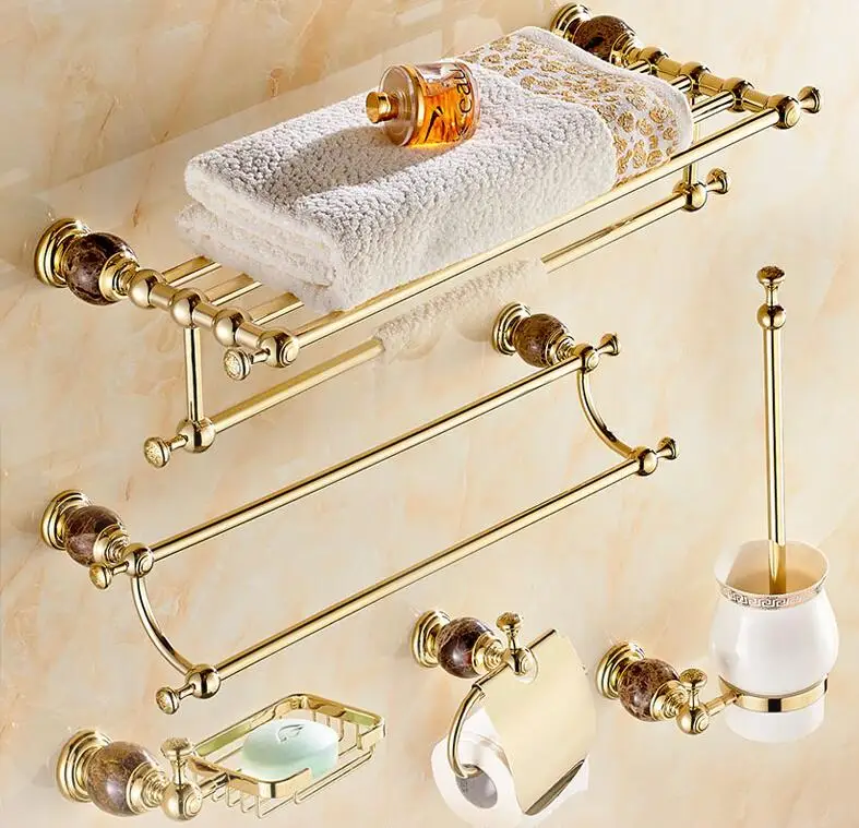 Luxury Solid Brass And Jade Gold Finish Bathroom Accessories Set,robe Hook,paper Holder,towel