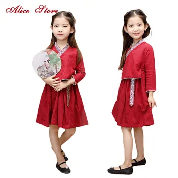 

Girls Dresses 2018 Solid Color Lace Chinese Style Pattern Long Sleeves V-collar Dress for Girls Fake Two Pieces Children Clothes