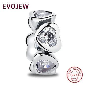 

Real 925 Sterling Silver Heart Beads & Clear CZ Spacer Beads Charms fit original Wostu pandora Bracelet DIY Silver Jewelry Gift