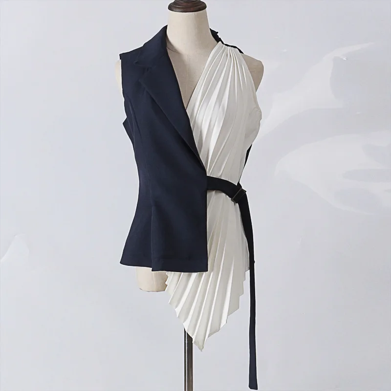 

ASYMSAY 2018 New Fashion Women Pleated Irregular Patchwork V Neck Vest Asymmetrical Lace Up Vest Sleeveless Top AL1003