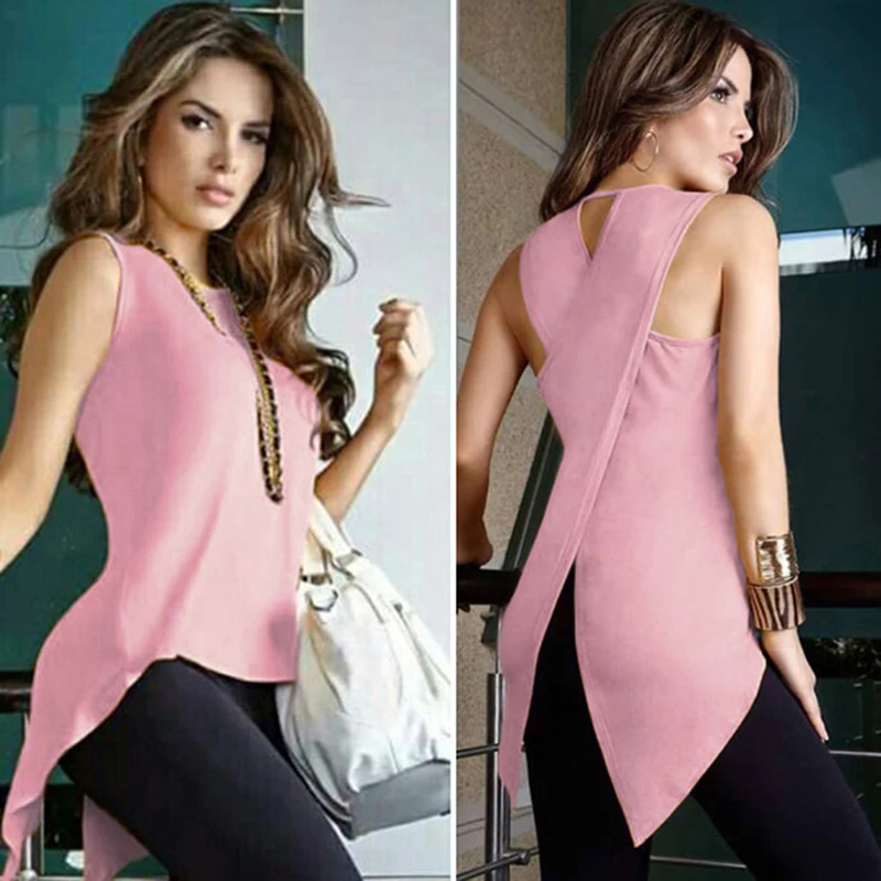 

2018 Summer Women T-shirt Fashion Sexy Sleeveless Back Cross Irregular Slim Shirt Female Tops Tees Black
