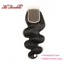 Perruque Lace Closure wig naturelle brésilienne Remy Body Wave-ALI ANNABELLE, cheveux humains 4 par 4, Transparent, brun moyen, 10-22 pouces