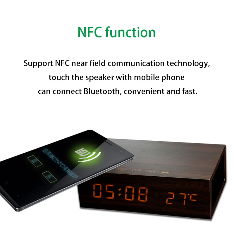  Multifunción LED temperatura despertador hora HD pantalla madera Bluetooth manos libres Dual USB ca
