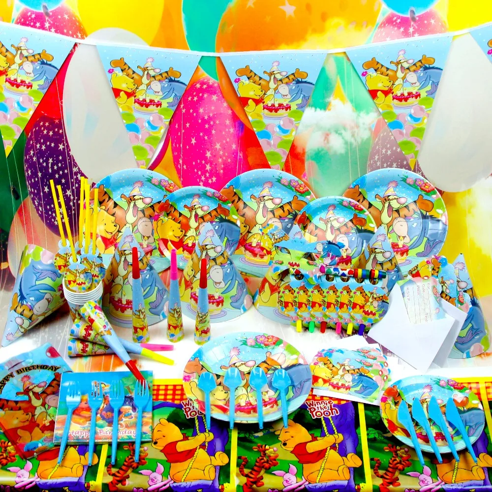 

Luxury 90pcs/lot New Kids Birthday Party Decoration Set Birthday winnie Theme Party Supplies Baby Birthday Party Pack