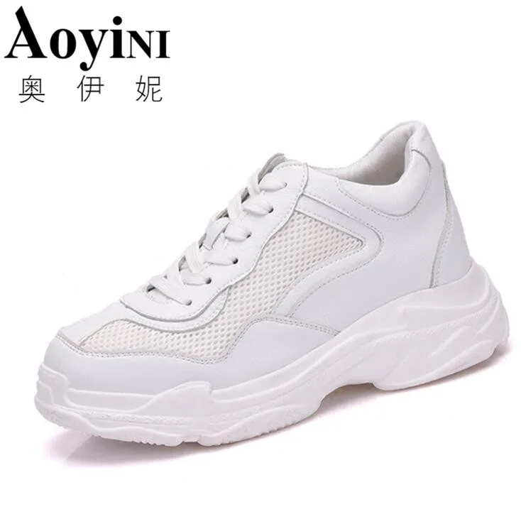

New Genuine Leather + Mesh Women's Platform Clunky Sneaker 2018 Fashion Women Dad White Shoes Casual Woman Lace Up Footwear