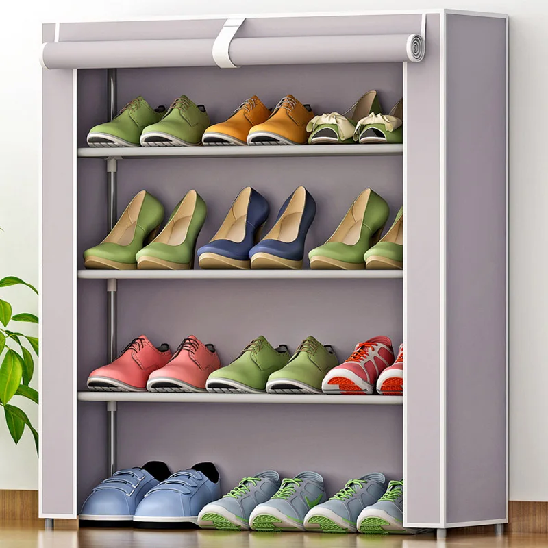 Шкаф для обуви с 4 слоя 3-сетка из нержавеющей стали ткани большой обувной стеллаж Органайзер съемный обувной склад для домашней мебели - Цвет: Светло-серый