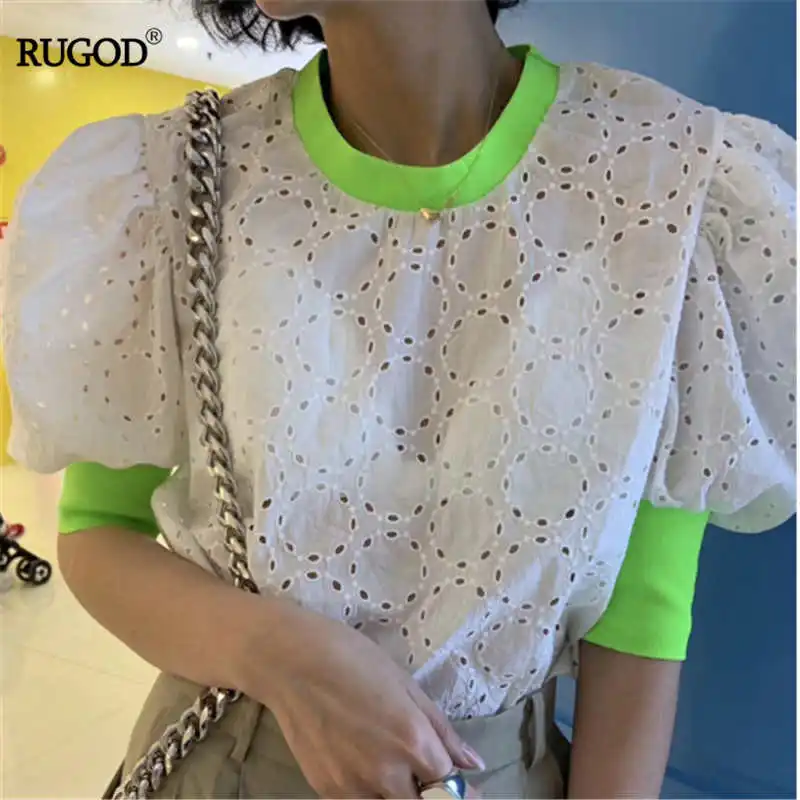

RUGOD 2019 korea summer women o-neck puff sleeve hollow out loose t-shirt contrast color fashion lace t-shirts casual lady