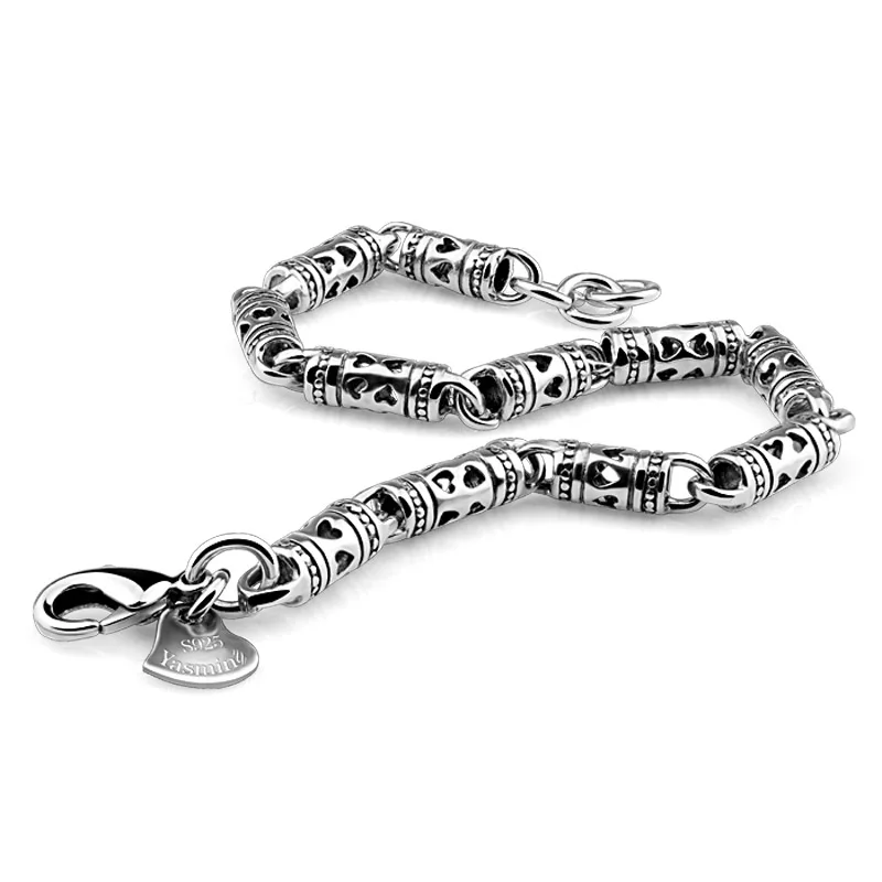 

Wholesale sterling silver jewelry. Solid 925 silver hollow pattern tubular bracelet for men/boys. Retro Thai silver chain woman