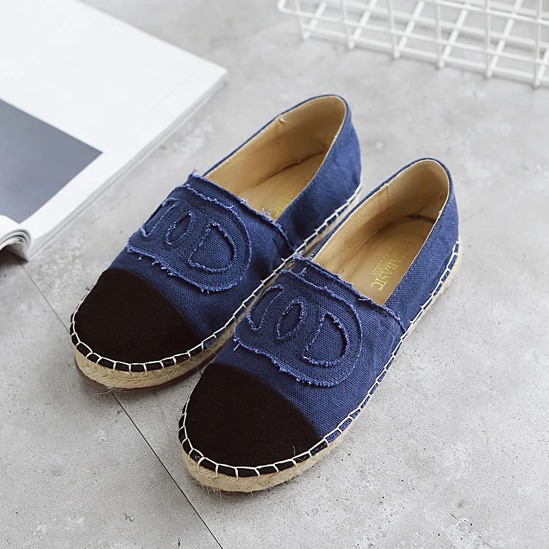 

Famous Brand Design Women Flats Shoes 2019 Spring Autumn Denim Canvas Espadrilles Slip On Ladies Jute Sole Loafers Size 40