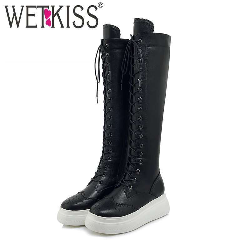 

WETKISS Cow Leather Women Boots Round Toe Cross Tied Footwear Motorcycle Female Boot Knee High Platform Shoes Women Winter 2018