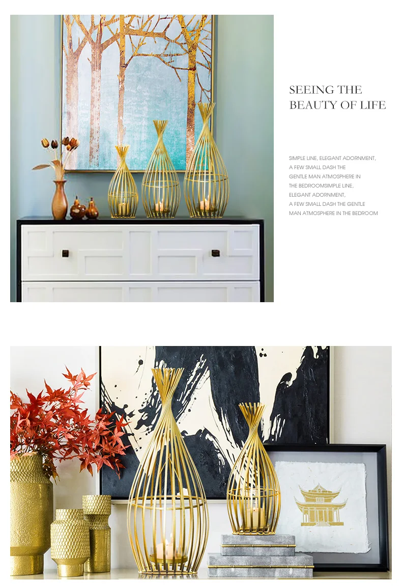 Golden Wrought Iron Geometric Candlestick Romantic Ornament Decoration Candle Light Dinner Props Small 1-Pcs