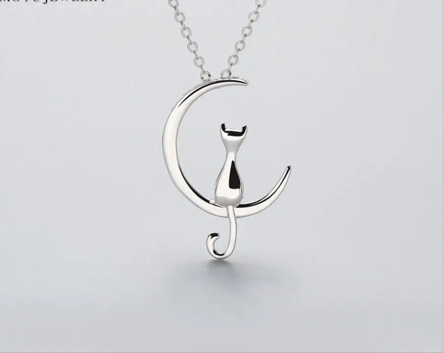 

Hot New s925 Silver Fashion Cat Moon Pendant Necklace Charm Silver Chain Necklace For Pet Lucky Jewelry For Women Gift