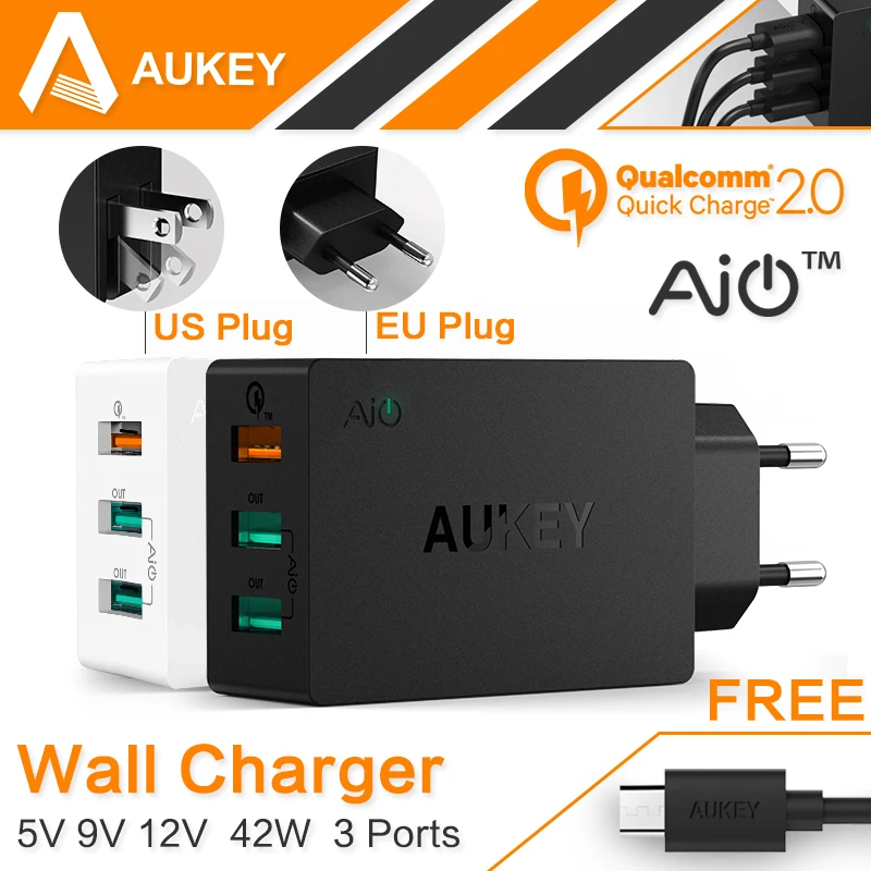 AUKEY Quick Charge 2.0 USB Wall Charger 3 Port Smart Fast Turbo Mobile Charger For iPhone7 Samsung Galaxy s6 Edge Xiaomi EU/US
